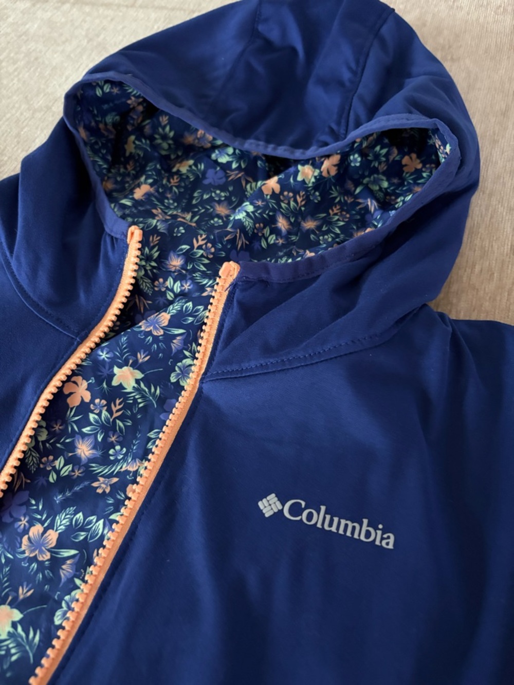 Columbia Kids Pixel Grabber Reversible Hooded Jacket Blue Floral - Size L - Picture 8 of 8